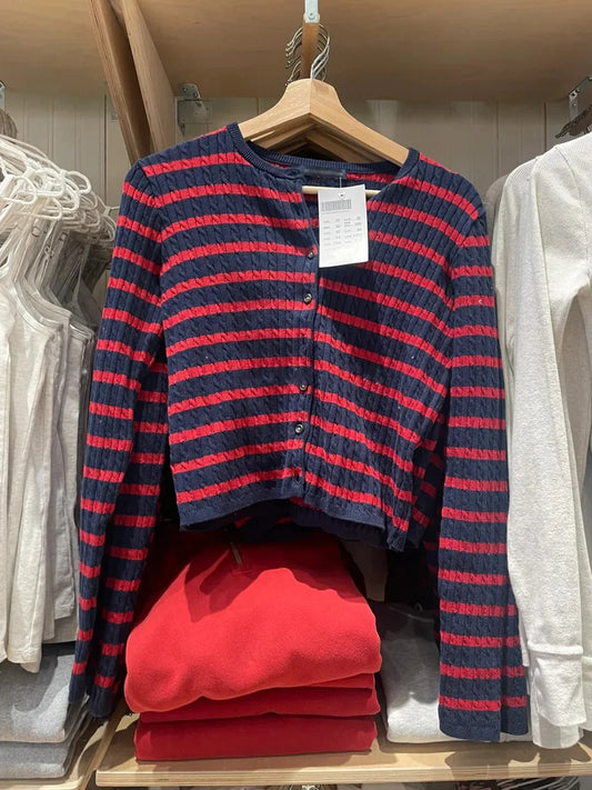 Red Black Striped Twist O-neck Knitted Sweaters Cardigan Women Cotton Casual Street Jumper Coat Harajuku Vintage Chic Cardigant
