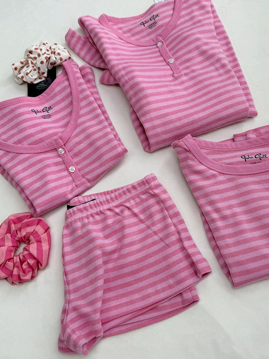 Pink Striped Buttons Long Sleeve T-shirt Shorts Set Women Cotton Home Pajama 2 Piece Sets Slim Tees+Elastic Straight Sweatshort