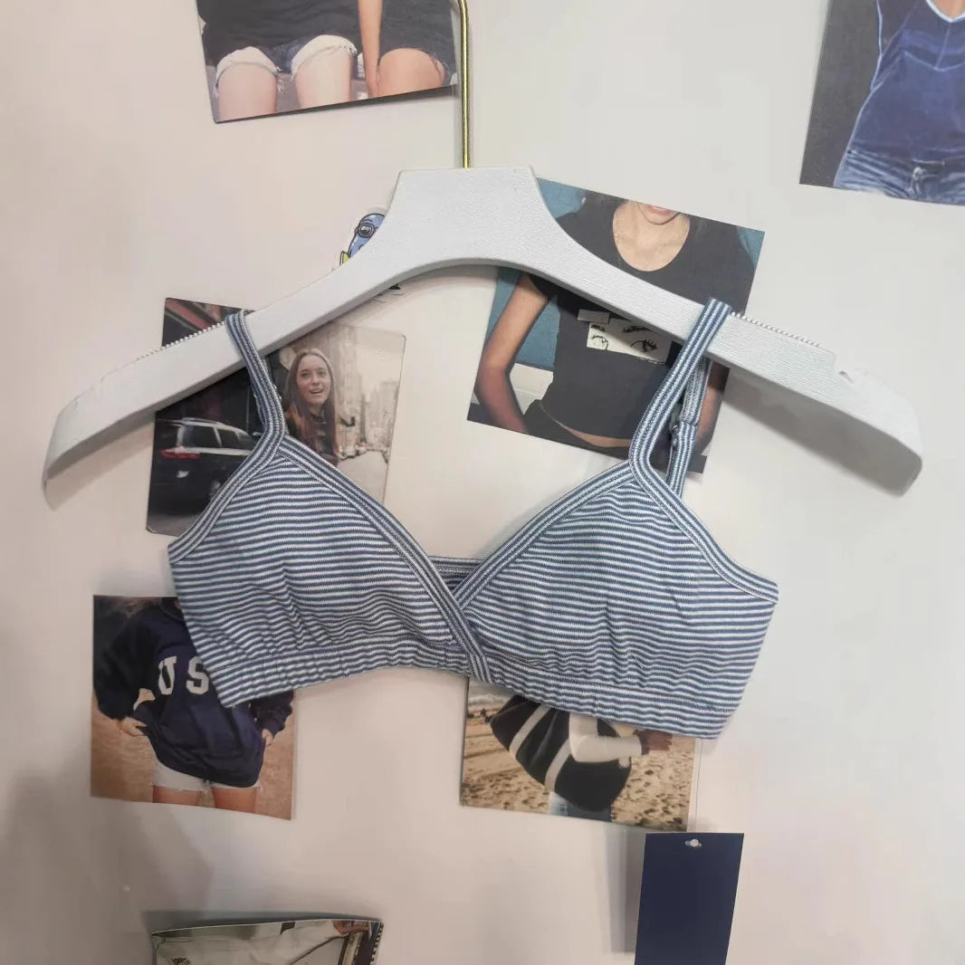 Blue Striped V-neck Slim Bra Top Women Summer Cotton Sexy Camis Tank Tops Female Cute Y2K Clothes Sweet Preppy Style Home Vest