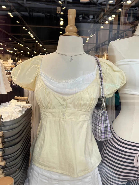 Butter Yellow Striped V-neck Buttons T-shirts Women Casual Cotton Lace Trim Sexy Crop Tops Sweet Cute Preppy Style Blouse Tees