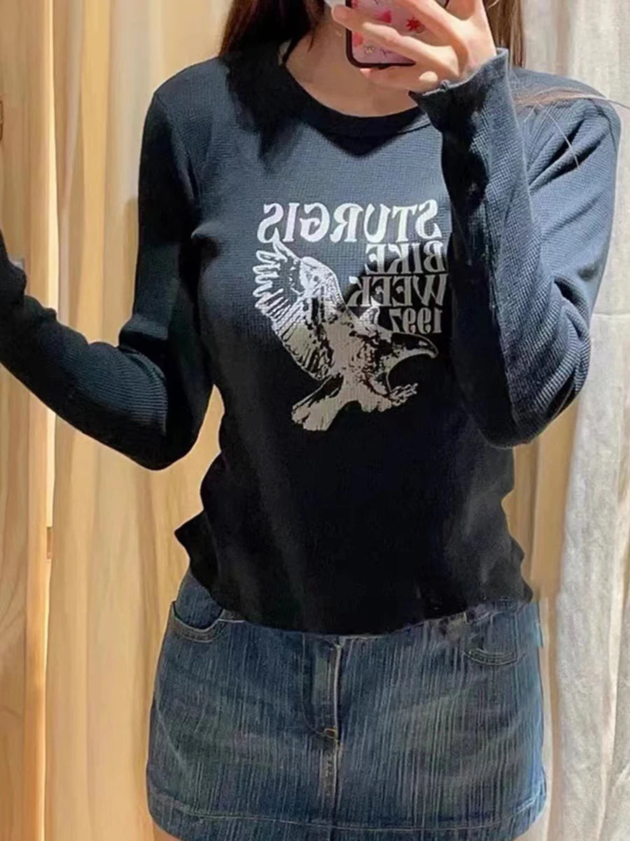 Letter Print O-neck Long Sleeve Tees Women Spring Casual Harajuku Cotton Slim T Shirt Top Vintage Preppy Style T-shirts Y2K New