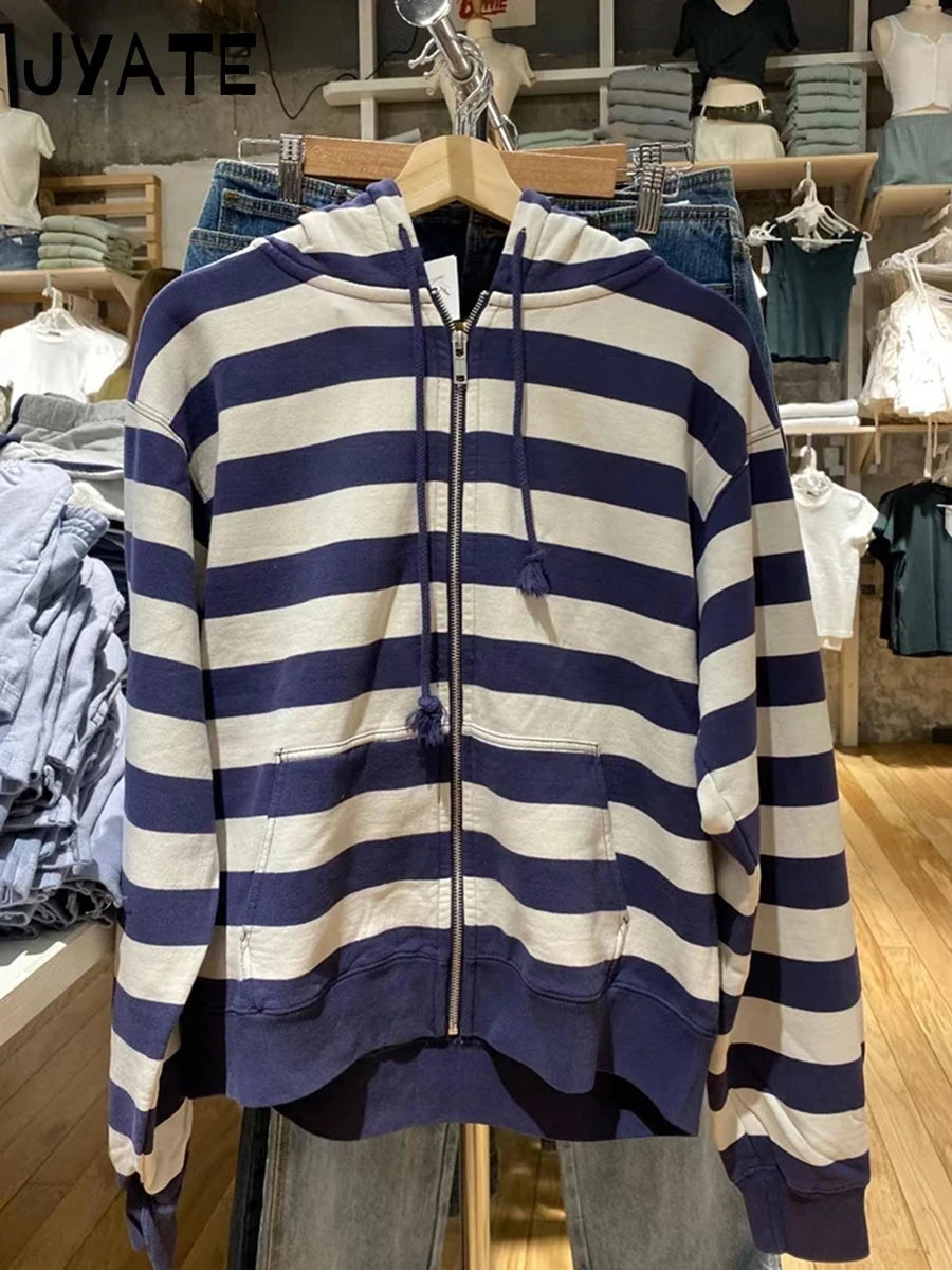 Classic Striped Patchwork Zip-up Hoodie Women Cotton Loose Pocket Drawstring Jacket Tops Vintage Loose Y2K Chic Sweatshirts Coat