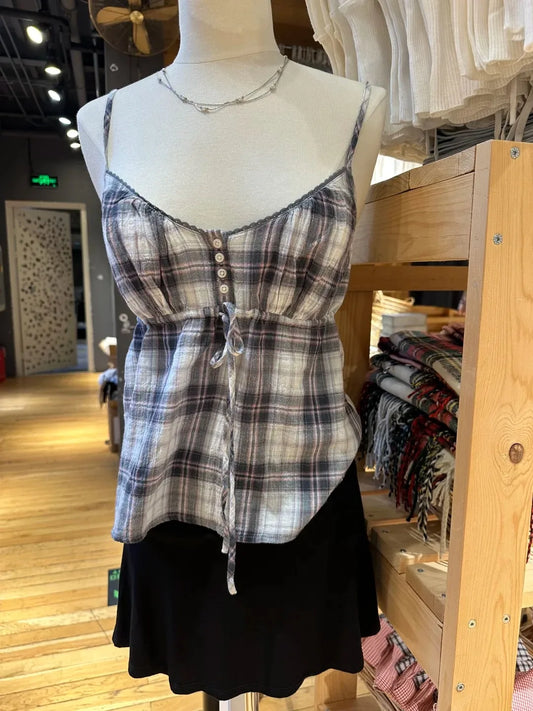 Vintage Black Plaid Lace-up Ruffles Tank Tops Women Summer New Cotton Sexy Slim Buttons Strapless Vests Cute Preppy Camisole Y2K