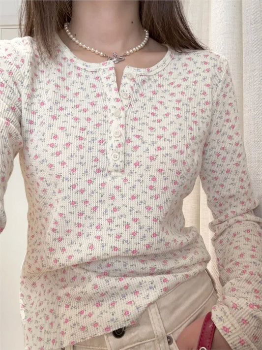 Waffle Pink Floral Long Sleeve T-Shirt Women Buttons Round Neck Cotton Slim Tee Top Sweet Cute Preppy Style Y2K Tshirt