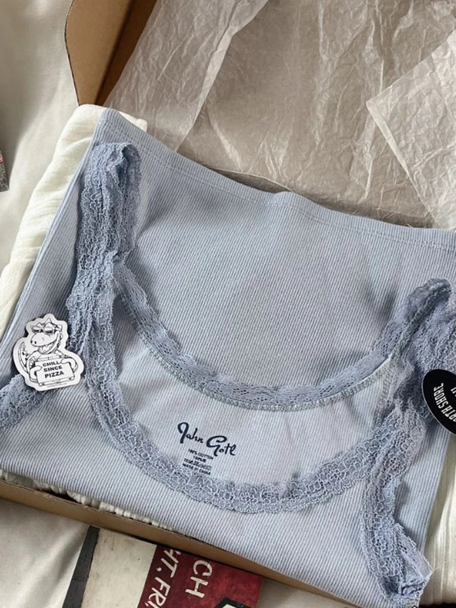 Pink Lace Trim Ribbed Camis Women Summer New Casual Streetwear Slim Sexy Cotton Sleeveless Vests Sweet Cute Chic Tank Tops Y2K