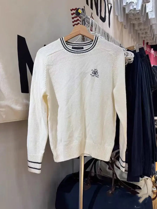 American retro preppy style letter embroidered round neck knit sweater blocking versatile and slimming pullover sweater