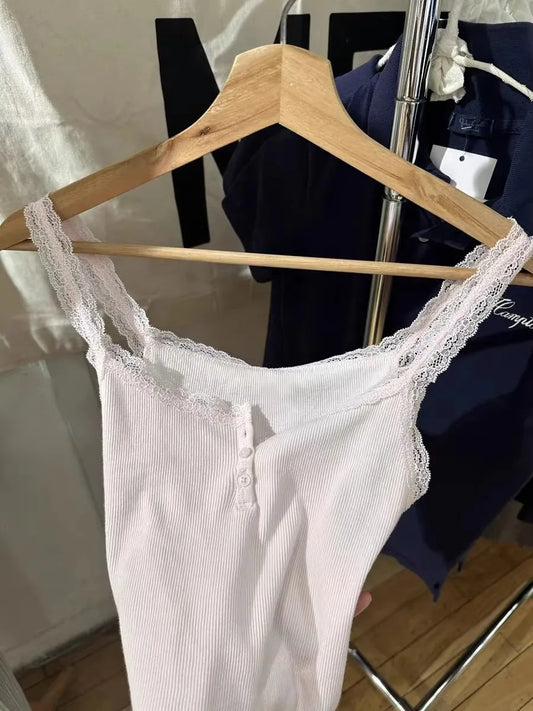 Sweet Pink Lace Trim Ribbed Camisole Women New Casual Cotton Buttons Slim Sleeveless Vest All-match Simple Cropped Tank Tops Y2K