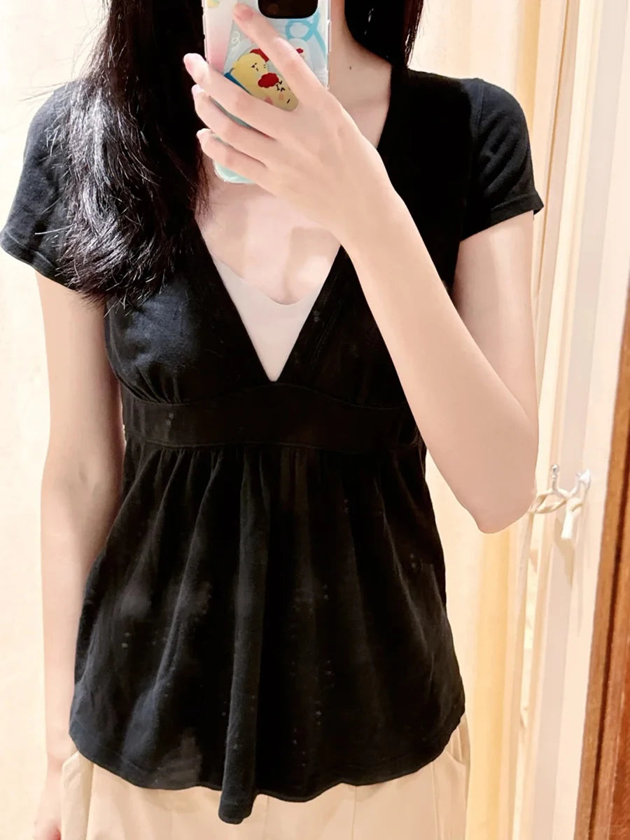White Fold Long T-shirts Women Summer Sweet Deep V-neck Short Sleeve Slim Tee Shirts Casual Simple All-match Cotton Tshirt y2k