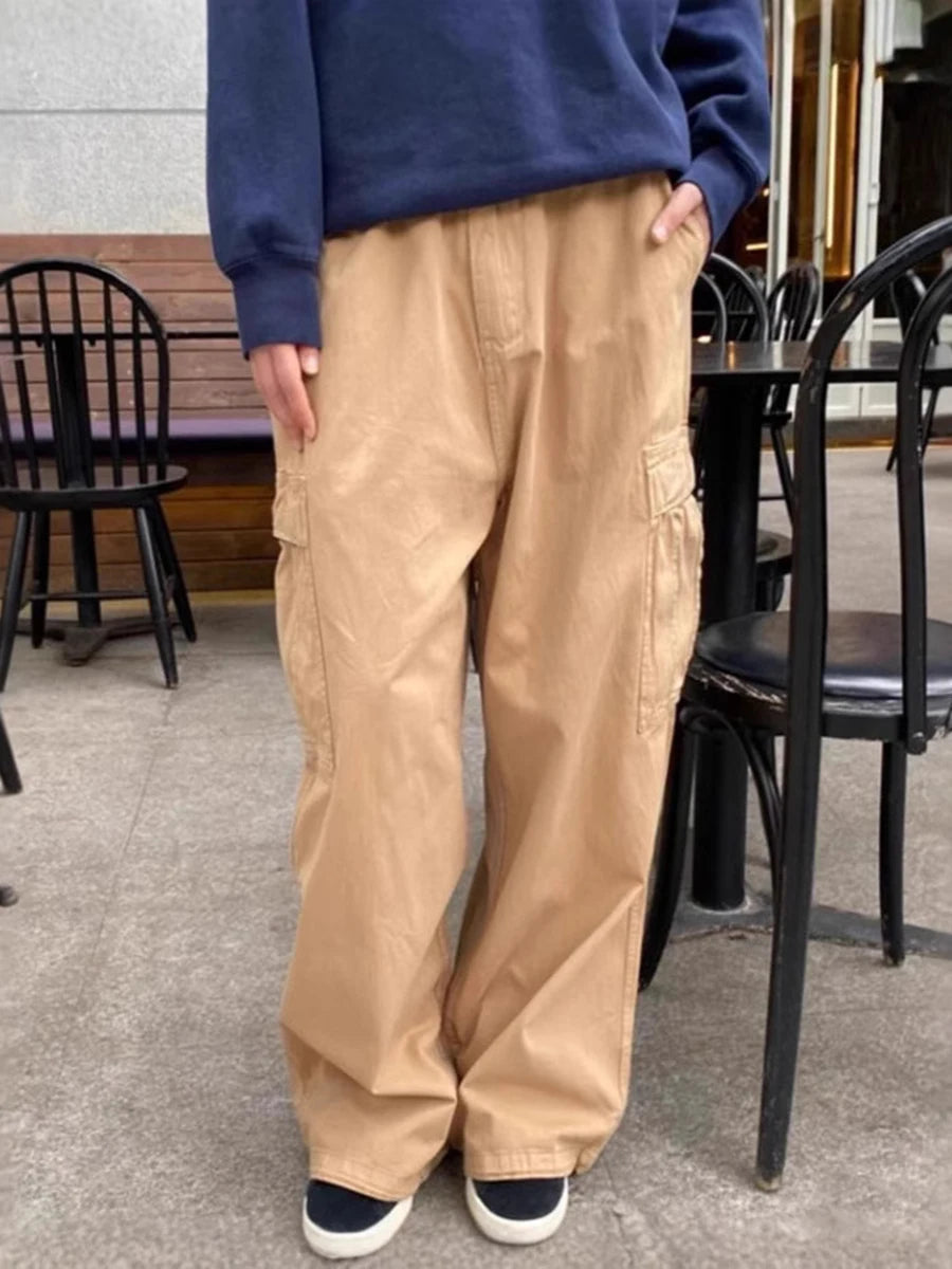 Navy BLue Pockets Loose Cargo Pants Women Spring Drawstring Hem Trousers Streetwear Straight Baggy Sweatpants Long Pant New Y2K