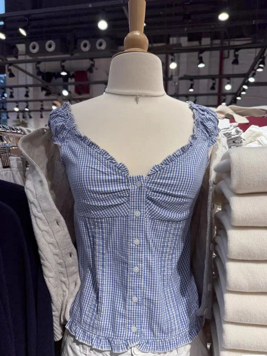Ruffles Puff Sleeve T-shirt Short Set Women Blue Plaid Buttons Slim Tees+Straight Sweatshorts Sweet Home Pajama 2 Piece Sets Y2K