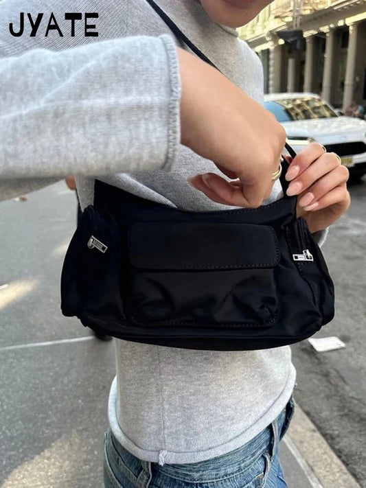 Nylon Pockets Zipper Shoulder Bag Women Four Season New Black High Quality Preppy Style Ladies Bags Vintage High Street Handbag
