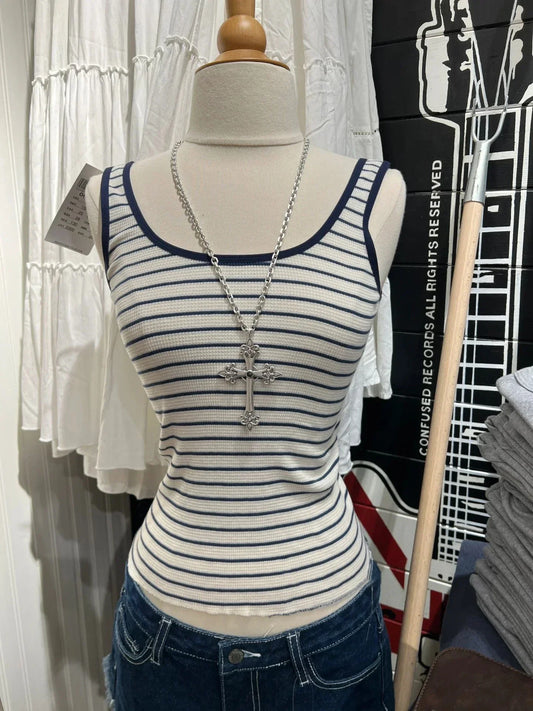 Vintage Navy Striped Waffle Slim Tank Top Women Summer New U Collar Sleeveless Camisole American Streetwear Sweet Vest Y2k Tops