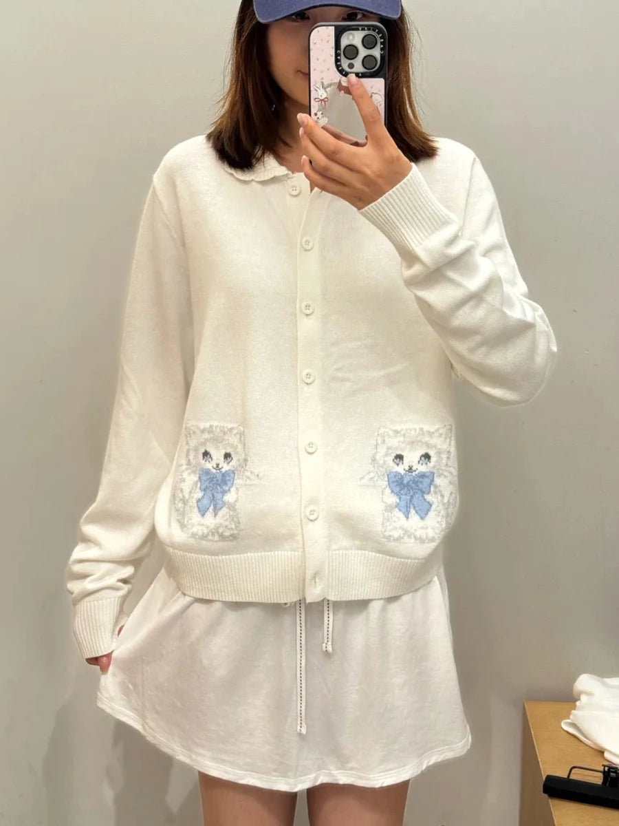 Cute Bow Crochet Buttons Babydoll Top Cardigan Women New Lace collar Cotton Knitted Jumper Sweet Preppy Style Sweater Autumn
