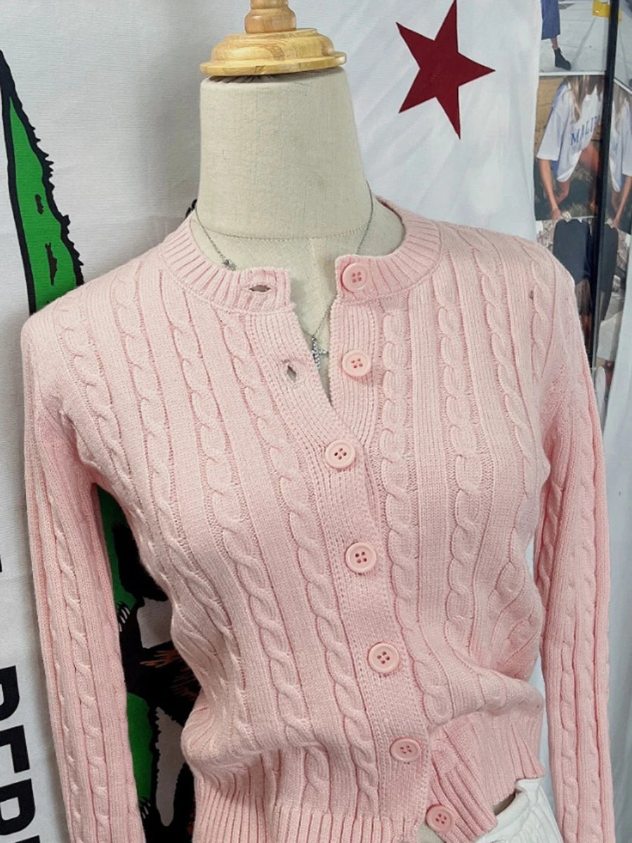 Pink Sweet Twisted Flower Slim Sweater Women Autumn Cotton Soft Single-Breasted Casual Jumper Outerwear Vintage Chic Cardigans