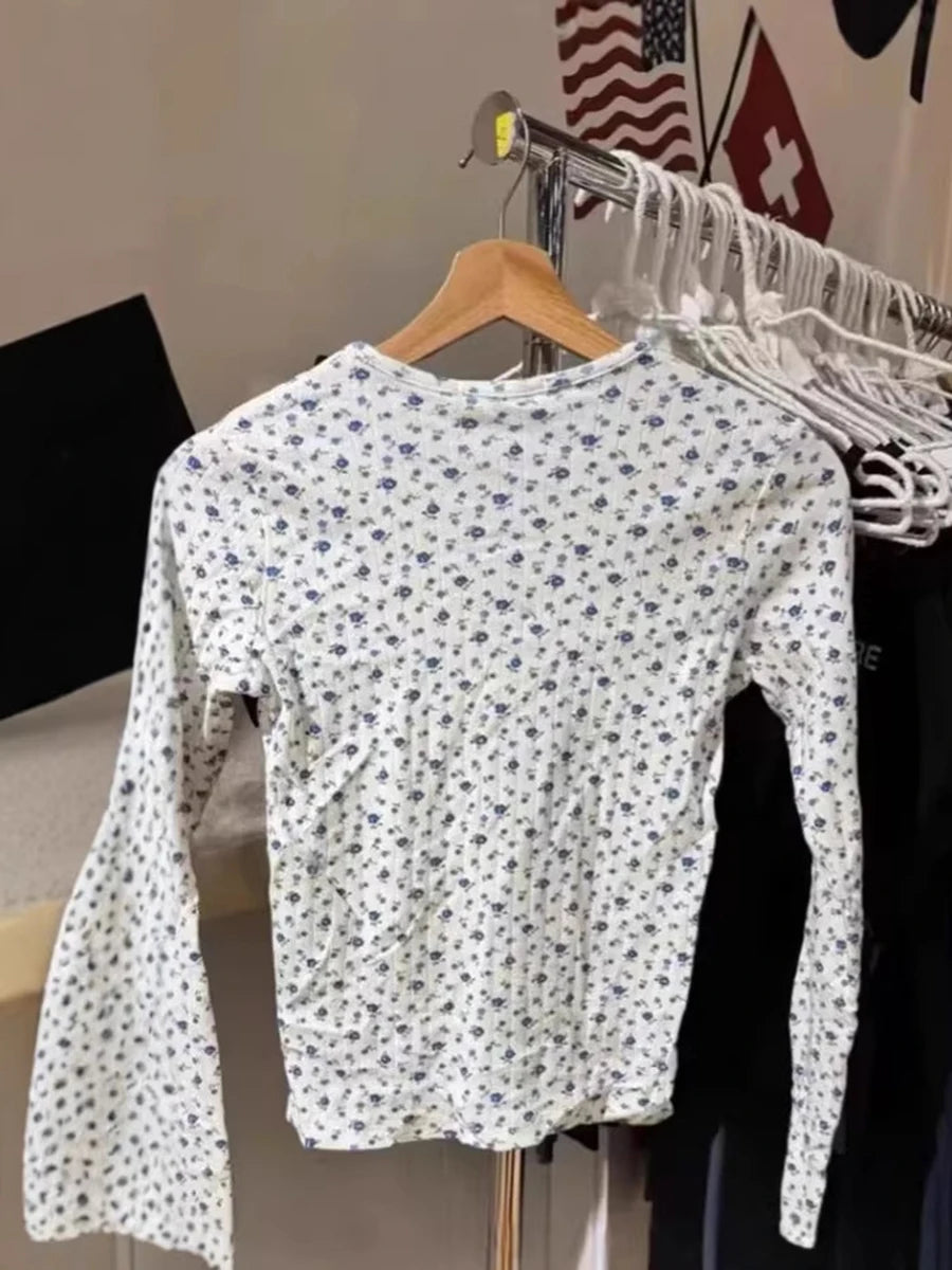 Blue Floral T-shirts Women Spring Casual Streetwear Cotton Crew Neck Long Sleeve Tees Sweet Vintage Chic Preppy Style Shirts
