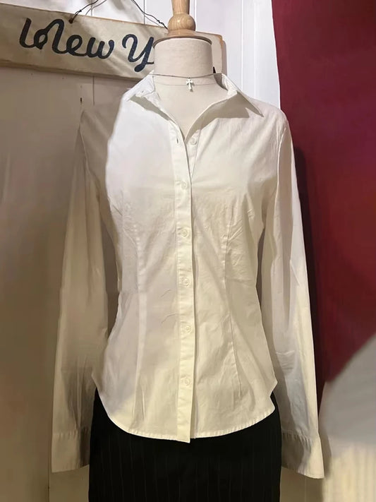 Sweet Solid Buttons Slim Blouse T-shirts Women Casual Turn down Collar Long Sleeve Tee Girls Cute Preppy Style Y2K Crop Tops New