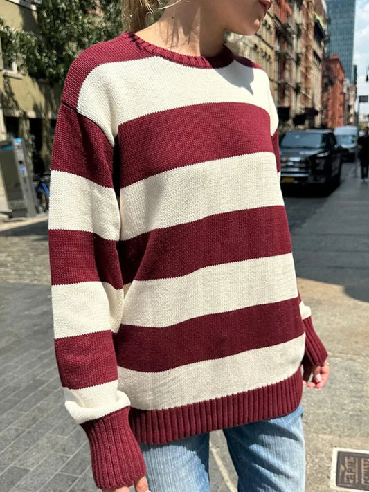 Striped Thick Knitted Jumpers Women Autumn O-neck Fashion Casual Streetwear Loose Pullovers Tops Chic Vintage Sweet Y2K Sweaters
