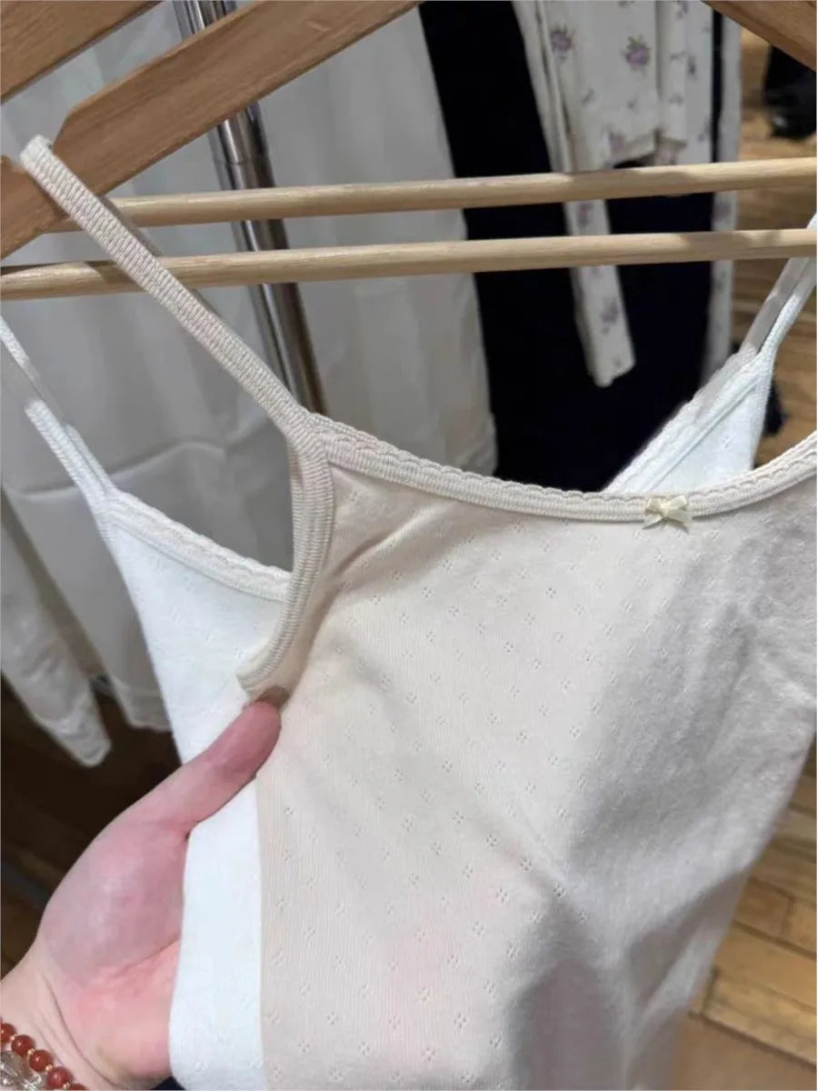 Pink Sweet Eyelet Cotton Camisole Women Summer New Casual Sleeveless Lace Trim Bow Cute Tank Top Cute All-match Basic Vest Y2K