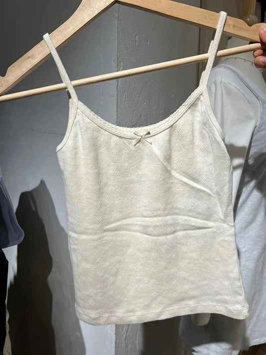 Beige Heart Hollow Out Bow Tank Tops Women Summer Cotton Slim Casual Street Sleeveless Vests Female Vintage Sweet Cute Y2K Camis