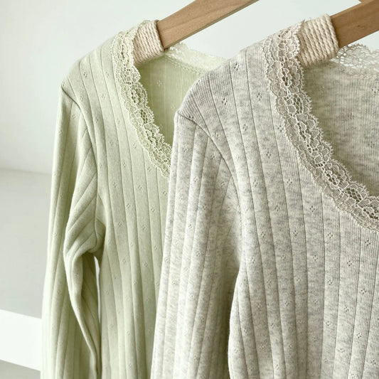 Lace Trim Button T-shirts Women Casual Simple Basic Cotton Eyelet Slim Long Sleeve Cardigan Tees Sweet Chic All-match Tshirts