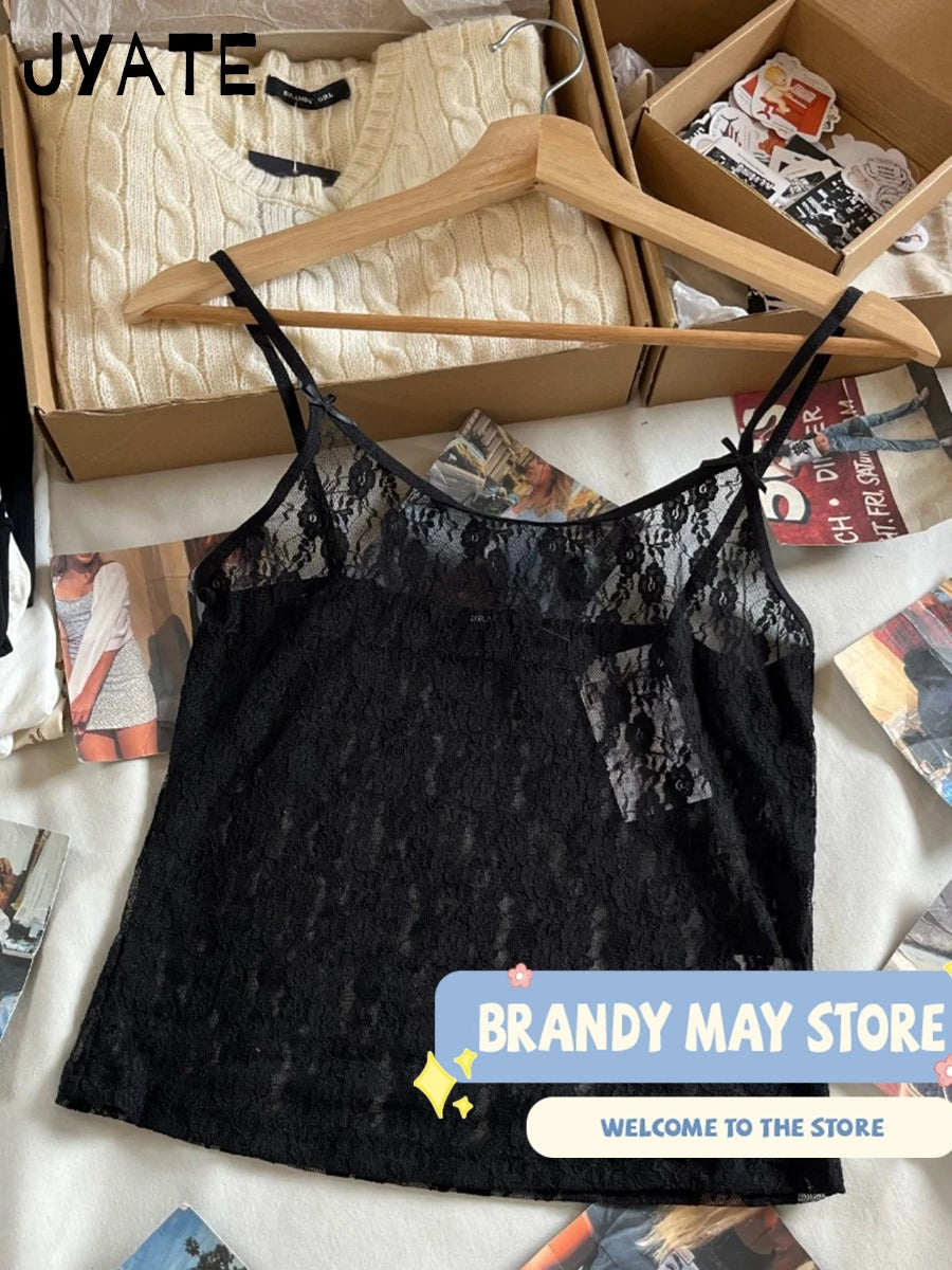 Lace Transparent Sexy V-neck Camisole Women New Streetwear Bow Thin Jacquard Sleeveless Vests Vintage Sweet Chic Tank Tops Y2K