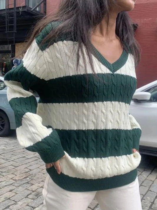 Fashion Twisted Floral Loose Knitted Sweater Women Autumn New V-neck Cotton Casual Chic Pullover Tops Streetwear Cute Jumper Y2K