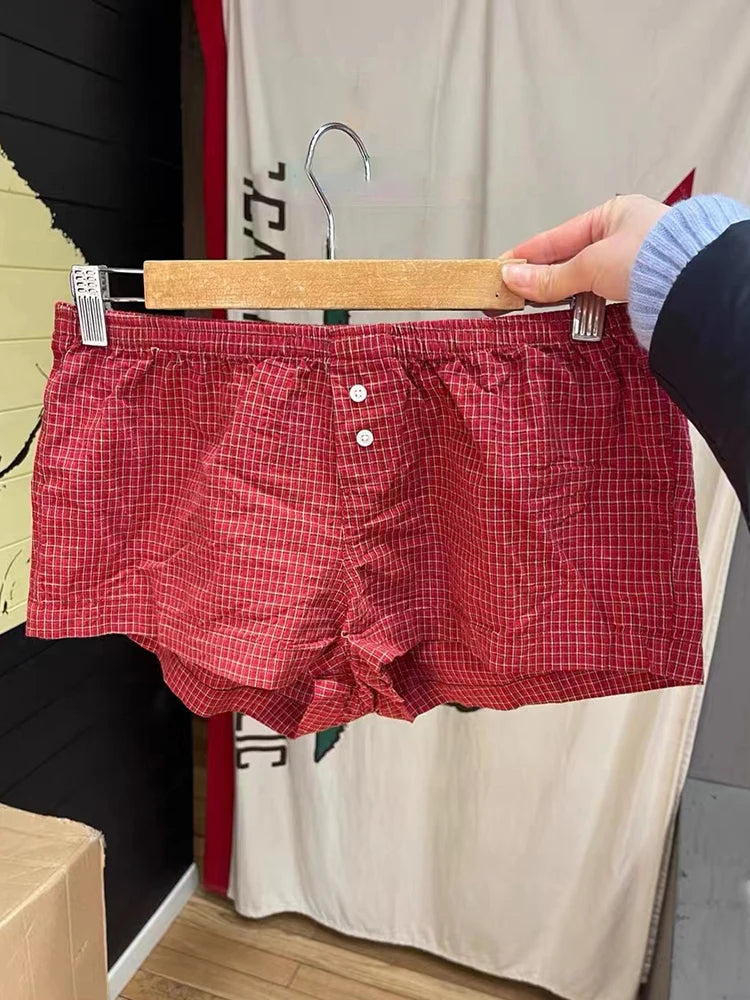 Sweet Red Plaid T-shirt Shorts 2 Piece Sets Women New Lace Trim Buttons Tees+ Casual Straight Sweatshorts Cute Casual Home Set