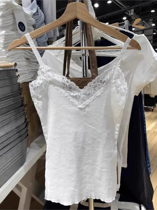 Lace Trim White Sleeveless Tank Tops Women Preppy Style Casual Soft Cotton V-neck Slim Cropped Vests Basic Sweet Cute Camisole