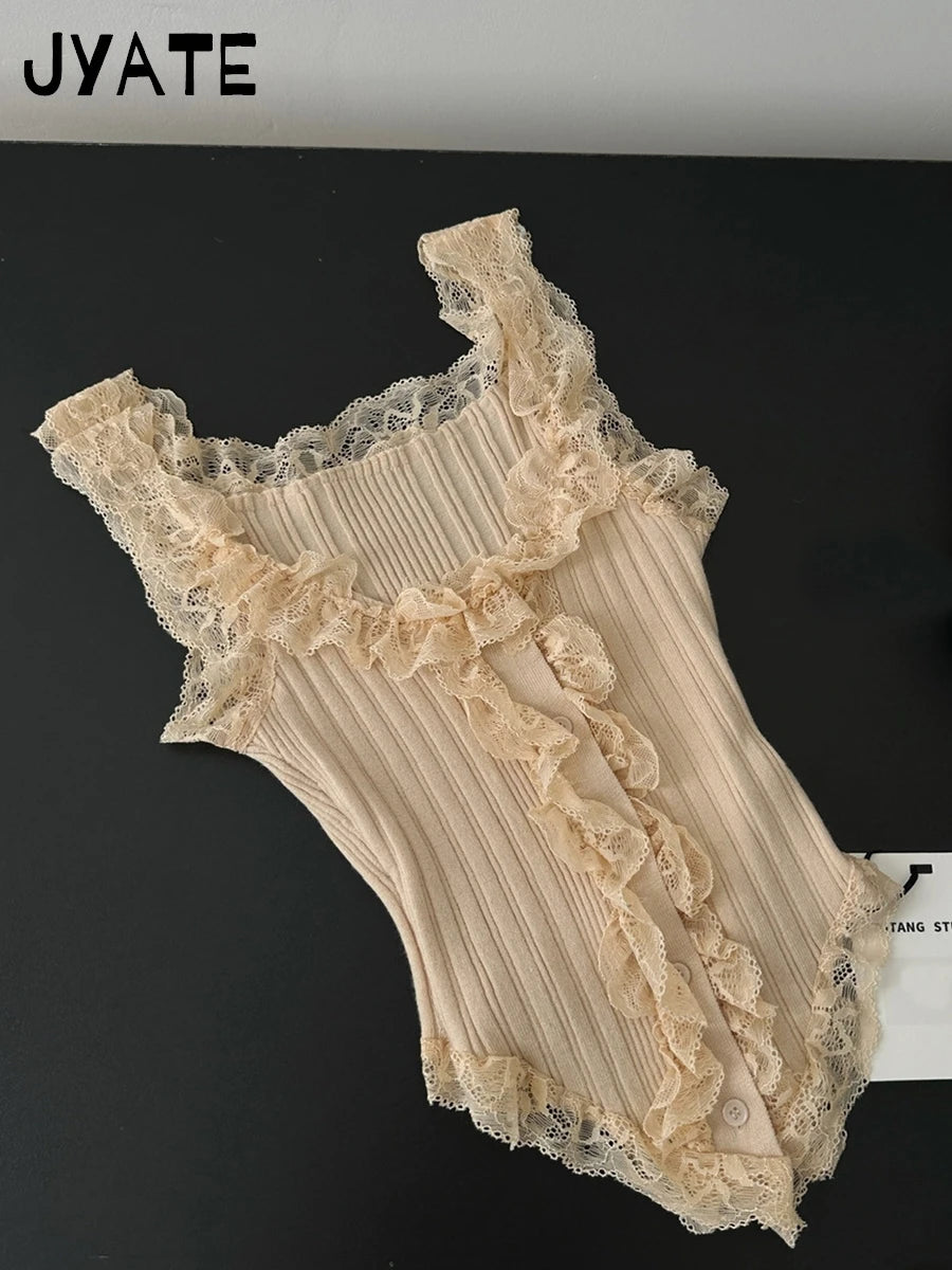 New Lace Trim Square Neck Tank Tops Women Summer Buttons Slim V Hem Cute Sleeveless Cropped Vests Sweet Solid Vintage Camis Y2K