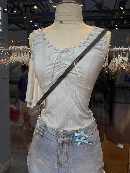 Sweet Blue Ruffles V-neck Cropped Vests Women Summer Casual Slim Folds Bow Sleeveless Tank Tops Sweet Preppy Style Camisole Y2K