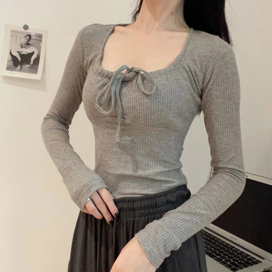 Sweet Lace-up Long Sleeve Tees Women New Casual Slim Solid Scoop Neck Streetwear Top shirt Vintage Preppy Style Cute T-shirt Y2K
