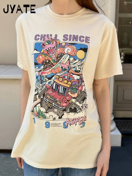 American Cartoon Print Loose T-shirts Women Summer New O-neck Cotton Casual Cute Short Sleeve Tee Harajuku Vintage Chic Tops Y2K