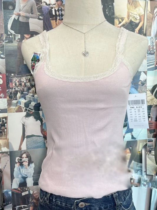 Pink Lace Trim Ribbed Camis Women Summer New Casual Streetwear Slim Sexy Cotton Sleeveless Vests Sweet Cute Chic Tank Tops Y2K
