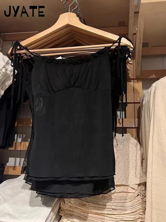Harajuku Sexy Mesh Sheer Ruffle Tank Tops Women Summer Casual Lace-up Folds Shoulder Straps Vest Vintage Sweet Chic Camisole Y2K