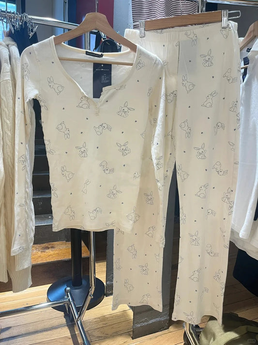 Rabbits Print Button Long Sleeve Tops Women New Cotton Slim Casual Preppy Style Tee Shirt Vintage Sweet Cute Pajama T-shirts Y2K