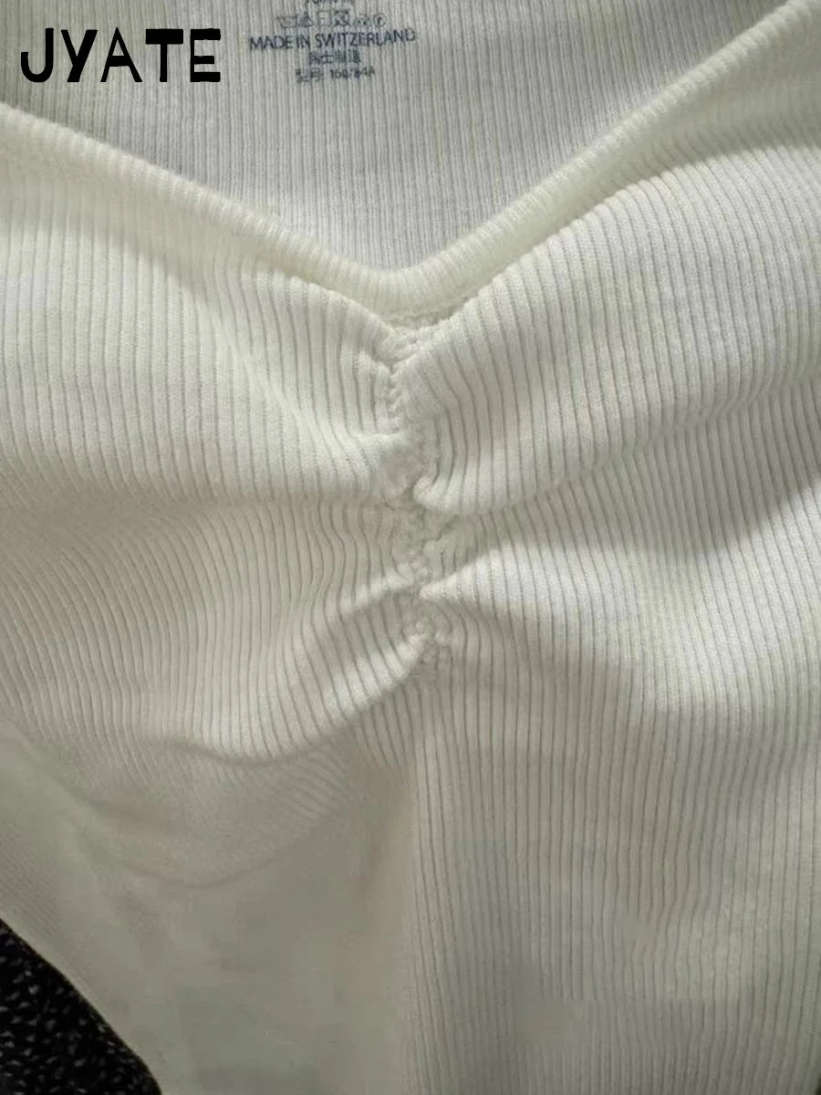 Simple Ribbed Cotton White Folds V-neck T-shirts Women Summer Casual Slim Short Sleeve Cropped Tee Sweet Basic Chic Tops Clothes