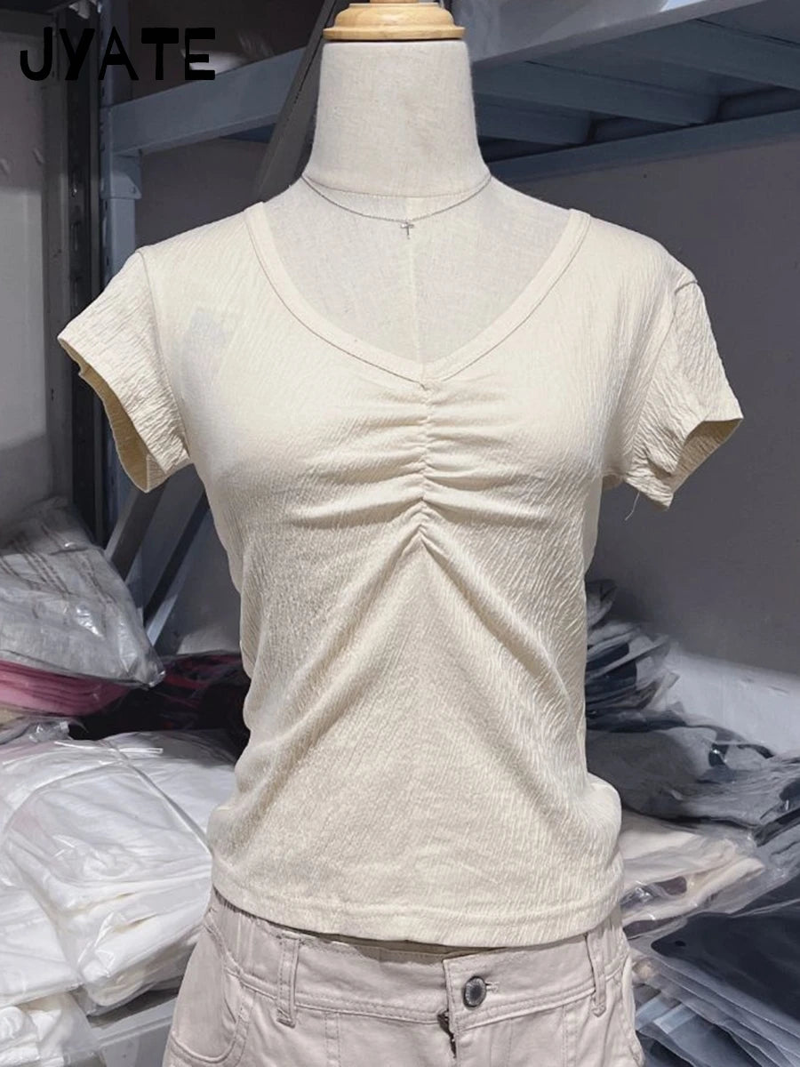 Sexy Slim Folds V-neck T-shirts Women Summer New Cotton Preppy Style Solid Short Sleeve Tees Sweet Cute Vintage Tops Clothes Y2K