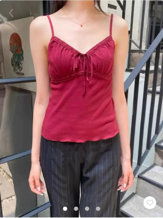 Red Retro Folds V-neck Tank Tops Women Summer New Sexy Casual Sexy Slim Lace-up Sleeveless Vests Vintage Sweet Simple Camisole