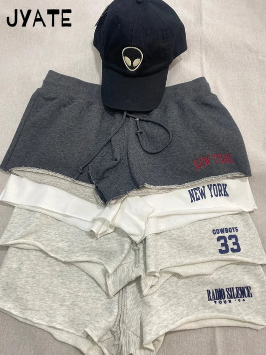 Fashion 33 Letter Print Raw Hem Sport Shorts Women New Cotton Casual Streetwear Drawstring Short Vintage Chic Simple Sweatshorts