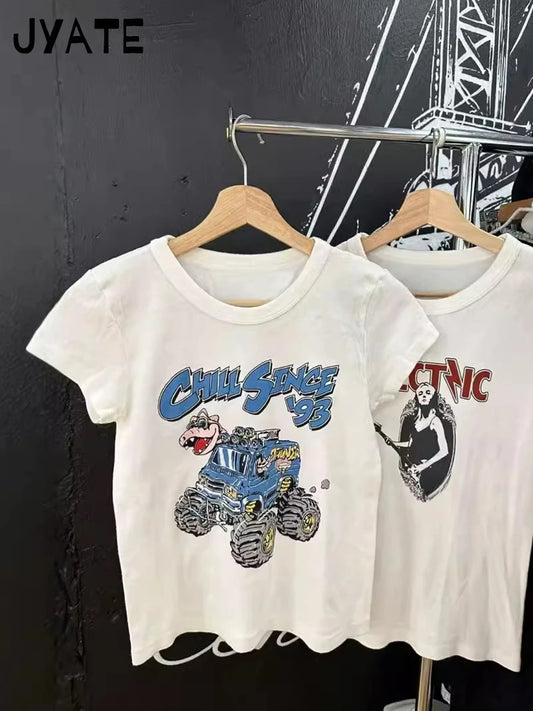 Cute Dinosaur Car Print O-neck T-shirts Women New Casual Cotton Soft Preppy Style Short Sleeve Tee Streetwear Vintage Sweet Tops