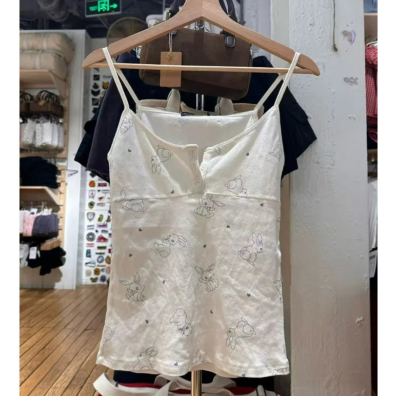 Cute Rabbit Print Eyelet Camisole Women New Cotton Casual Lace Trim Preppy Style Sleeveless Vests Sweet Cozy Pajamas Tank Tops