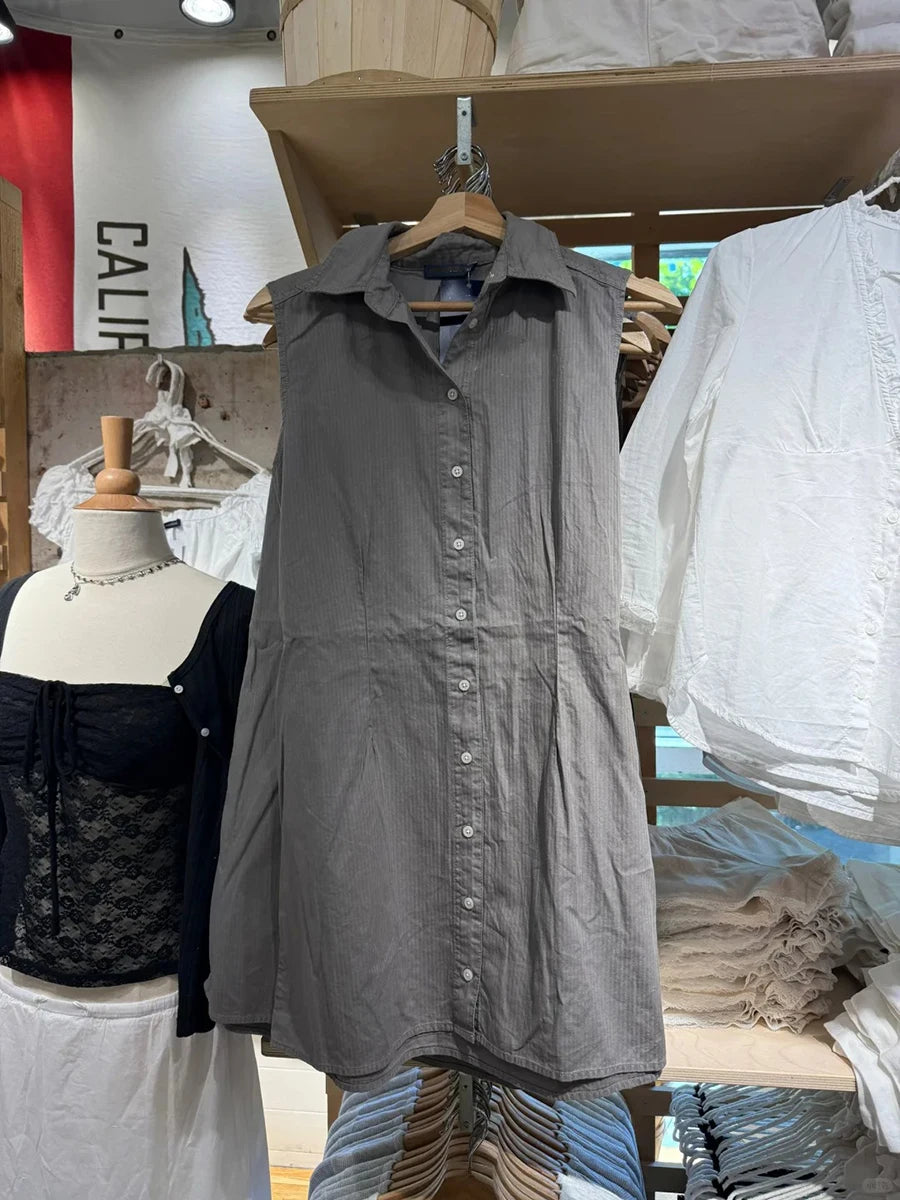 Coffee Striped Mini Blouse Dress Women New Cotton Turn-down Collar Single Breasted Short Vestidos Y2K Sweet Preppy Style Dresses