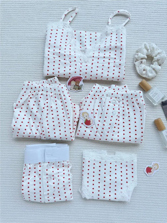 Cute Red Heart Print 2 piece Sets Women Summer Cotton Lace Trim V-neck Camisole+Short Pants Sweet Home Short Outfits Y2K