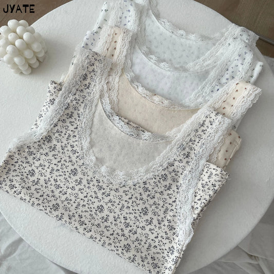 Lace Trim Floral Print Tank Tops Women Summer Cotton Casual Simple U-neck Sleeveless Slim Vests Vintage Sweet Cute Crop Top Y2K
