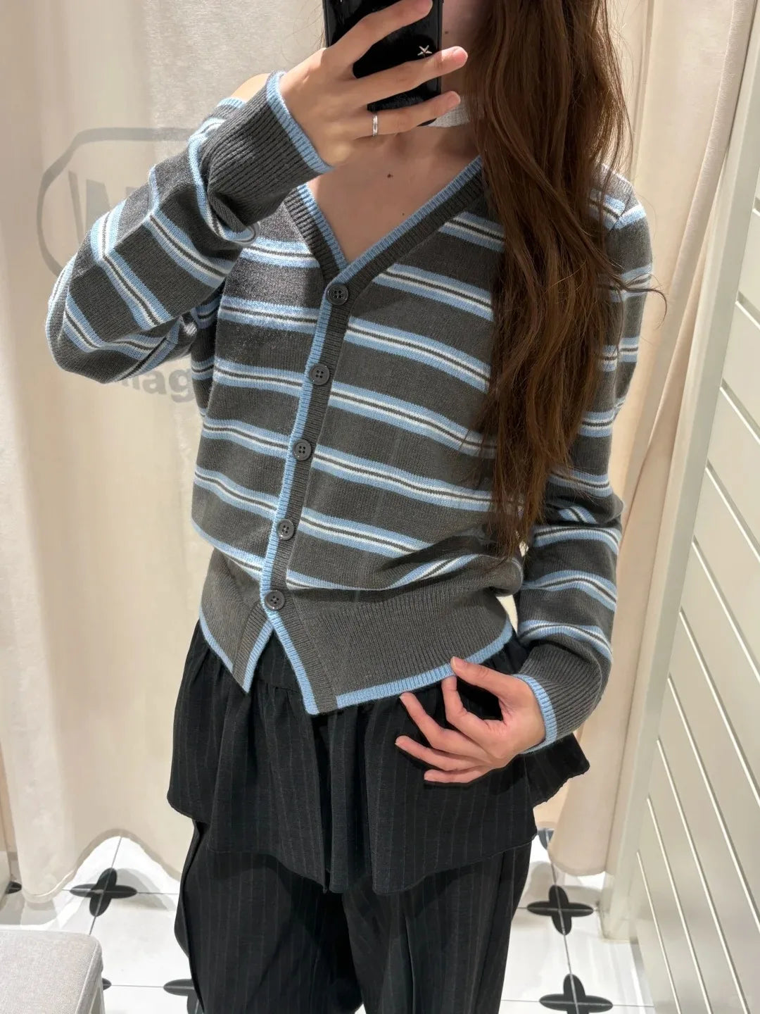 Striped Off-the-shoulder Knitted Cardigan Women Spring Streetwear Sexy Button Sweater Coat Simple Sweet Preppy Style Sweaters
