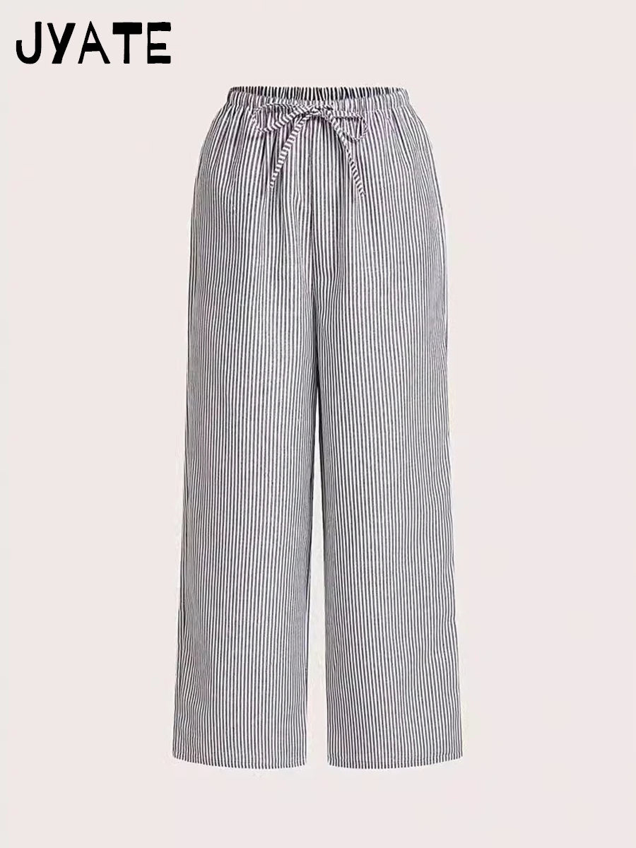 Pink Striped Casual Drawstring Long Pants Women Summer New Chic Streetwear Classic Straight Pant Sweet Cute Vintage Trousers Y2K