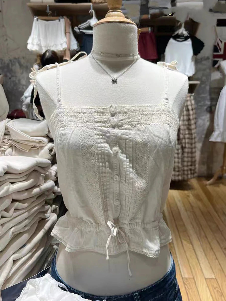 Sweet White Lace Trim Tank Tops Women Summer New Casual V-neck Lace-up Sleeveless Camisole Female Cute Preppy Style Vest Y2K Top