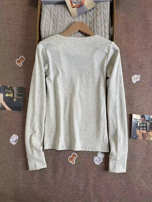 Light Gray Ribbed Long Sleeve Tee Women Autumn Six Button Cotton Casual Patchwork Slim T-Shirts Sweet Chic Simple Tops Y2K New