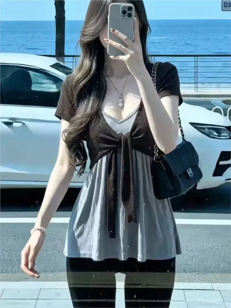 Retro V-neck Gray Camisole Women Summer Casual All-match Streetwear Loose Sleeveless Vests American Simple Camis Y2K