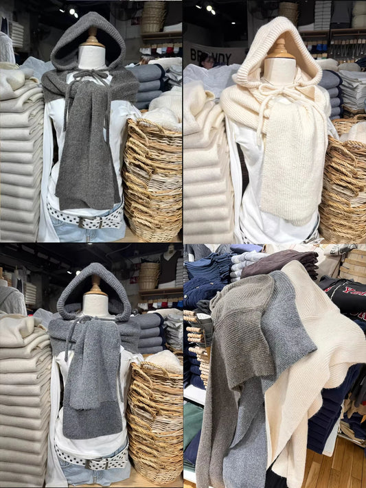 Solid Hooded Scarf Women Spring Winter Casual Lace-up Unisex Thick Warm Long Scarves Vintage Chic Preppy Style Knitted Scarf y2k